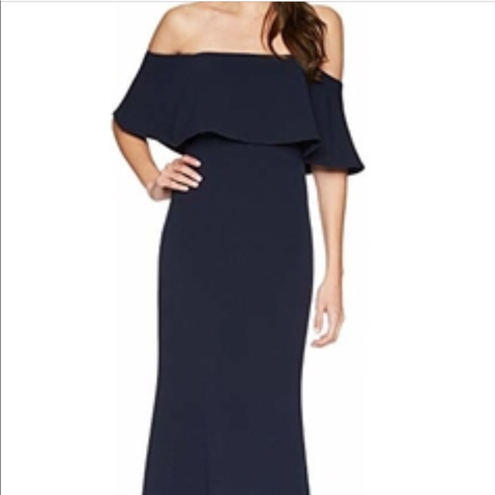 Badgley Mischka Popover Butter Crepe Gown (Navy)